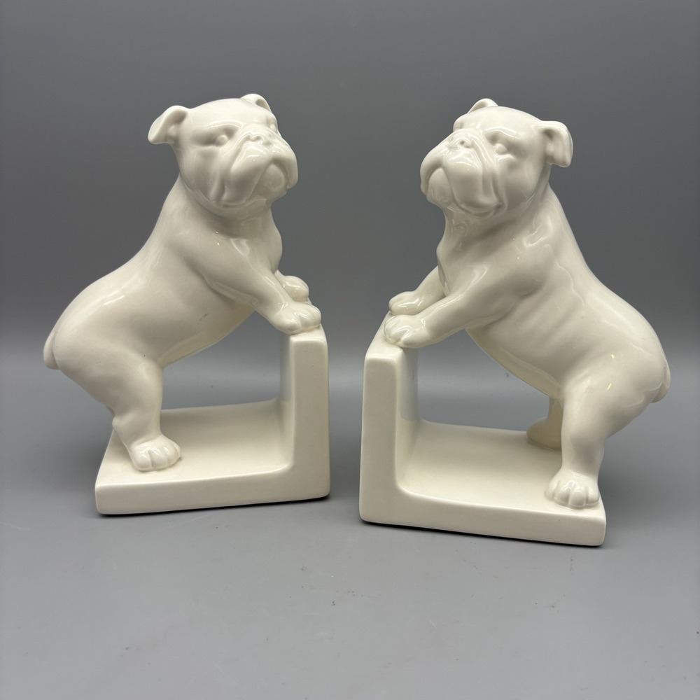Rowing Blazers Bull Dog White Ceramic Figures Lot of 2 Bookends Home Decor